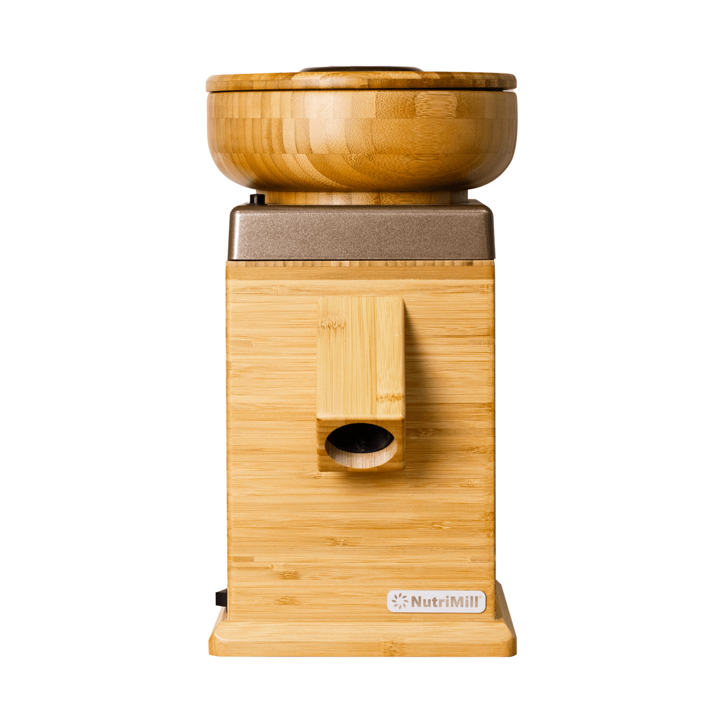 Front view of a handcrafted electric grain mill with a natural bamboo body and wooden grain hopper, crafted for Kitchen & Food, Grain Mills, Best Sellers, and Bread Making Supplies collections.