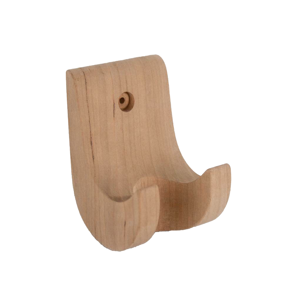 Handcrafted unfinished cherry wood holder with smooth curves and central mounting hole, designed for displaying Amish-Made noodle cutter, fitting Kitchen & Food, Food Prep, Choppers and Cutters, USA Made, Amish Made collections.