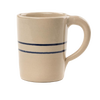 Handcrafted stoneware mug in natural color with double blue stripes, made in USA, ideal for brewing coffee and tea, kitchen and dinnerware collections.