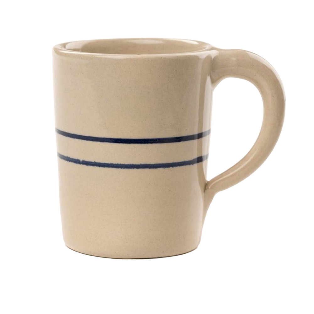 Handcrafted stoneware mug in natural color with double blue stripes, made in USA, ideal for brewing coffee and tea, kitchen and dinnerware collections.