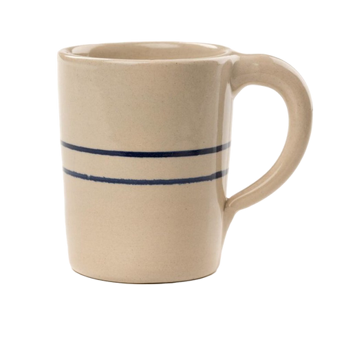 Handcrafted stoneware mug in natural color with double blue stripes, made in USA, ideal for brewing coffee and tea, kitchen and dinnerware collections.