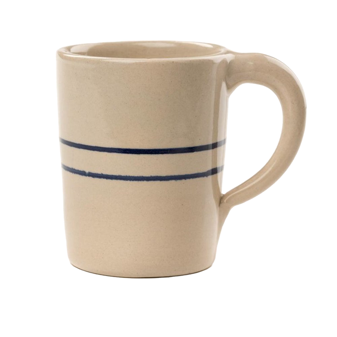 Handcrafted stoneware mug in natural color with double blue stripes, made in USA, ideal for brewing coffee and tea, kitchen and dinnerware collections.