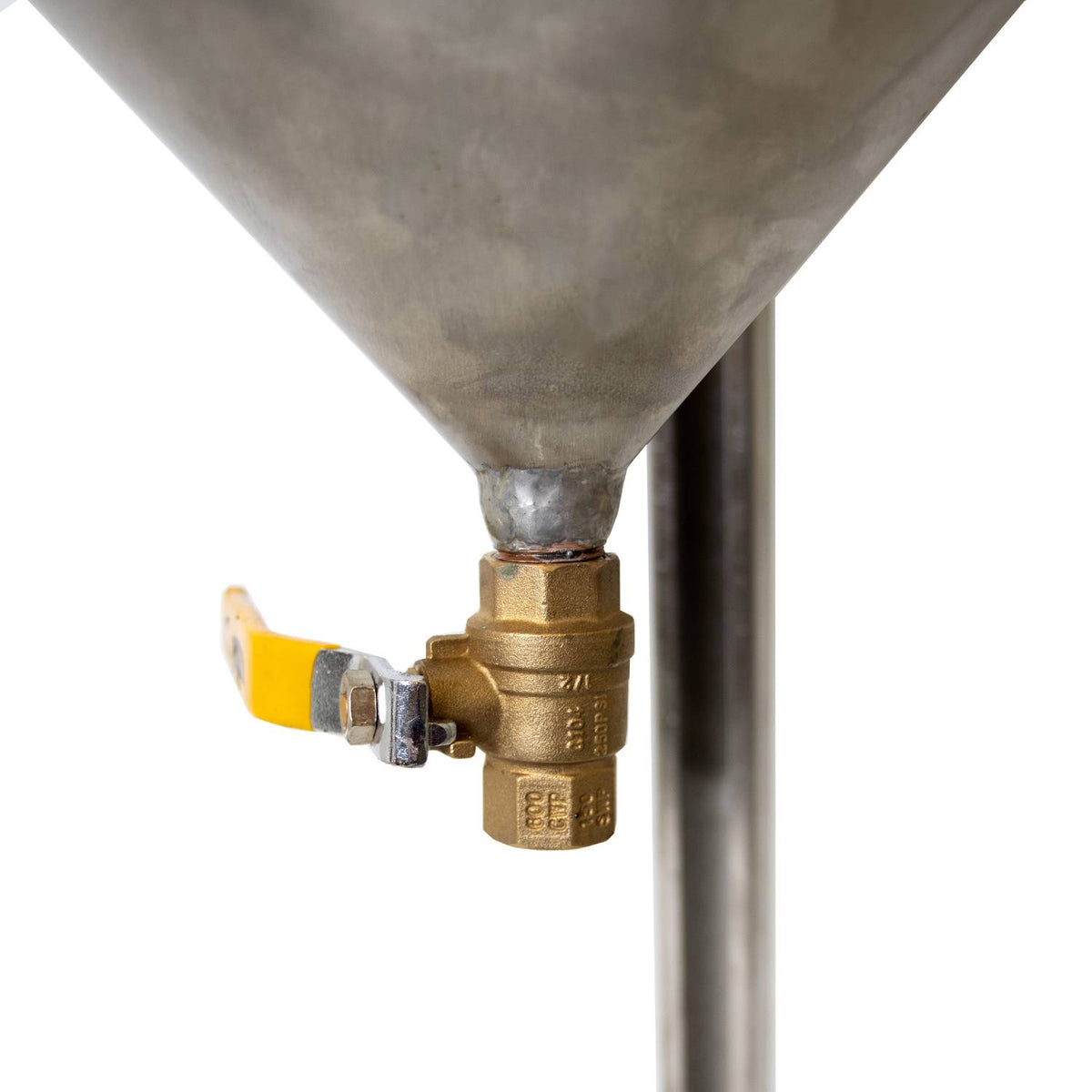 Close-up view of rust-proof brass valve with yellow handle attached to a handcrafted stainless steel cream separator, part of Farm, Garden & Tool and USA Made collections.