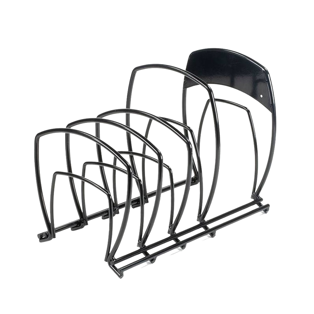 Steel 5-tier cookware organizer with curved dividers and a sturdy back support, designed to save kitchen space and keep pots and pans neatly stored in cabinets or on counters, ideal for Kitchen & Food, Kitchen Gadgets, and Storage and Serving collections.