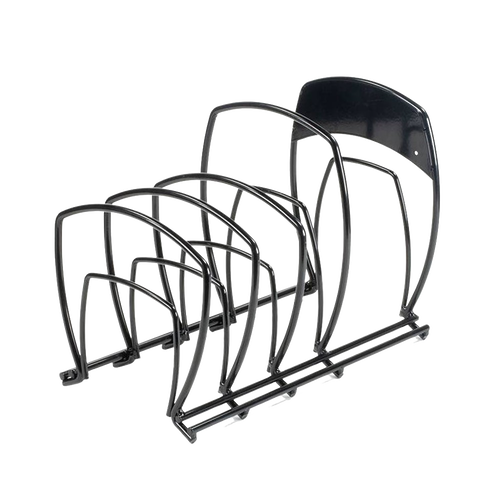 Steel 5-tier cookware organizer with curved dividers and a sturdy back support, designed to save kitchen space and keep pots and pans neatly stored in cabinets or on counters, ideal for Kitchen & Food, Kitchen Gadgets, and Storage and Serving collections.