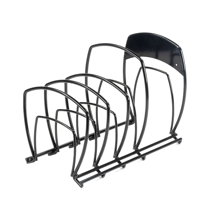 Steel 5-tier cookware organizer with curved dividers and a sturdy back support, designed to save kitchen space and keep pots and pans neatly stored in cabinets or on counters, ideal for Kitchen & Food, Kitchen Gadgets, and Storage and Serving collections.