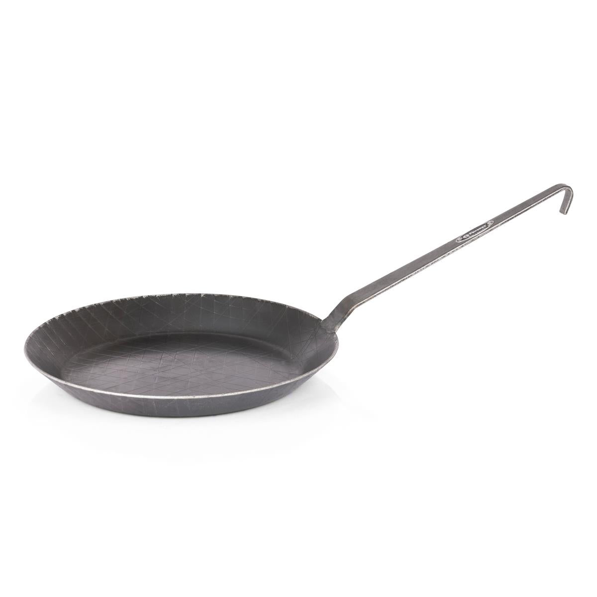 Forged wrought iron frying pan with a long handle and smooth surface, ideal for cooking outdoors or at home in Farm, Garden & Tool, Kitchen & Food, Camping, Cookware, Pots and Pans, Best Sellers, and Promo Eligible collections.
