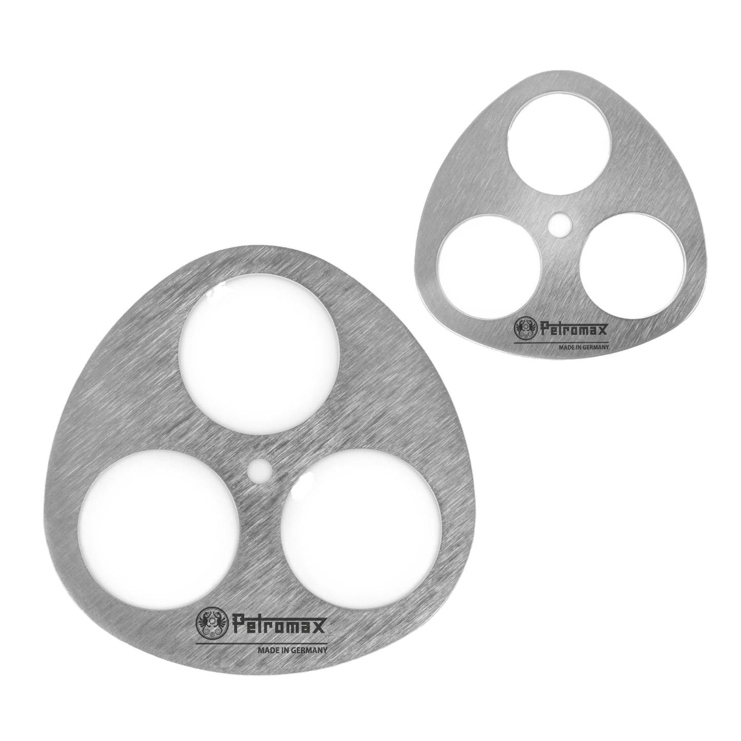 Two lightweight stainless steel discs with circular cutouts and stamped logos, designed to support branch tripods for outdoor use, suitable for Farm, Garden & Tool and Camping collections.