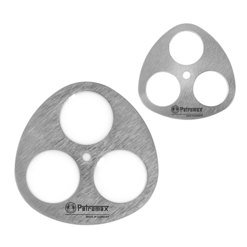 Two lightweight stainless steel discs with circular cutouts and stamped logos, designed to support branch tripods for outdoor use, suitable for Farm, Garden & Tool and Camping collections.