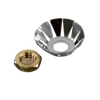 Steel washer holder with cutout segments and accompanying brass nut designed to secure leather washers in pressure lamps, part of lighting and accessory collections.