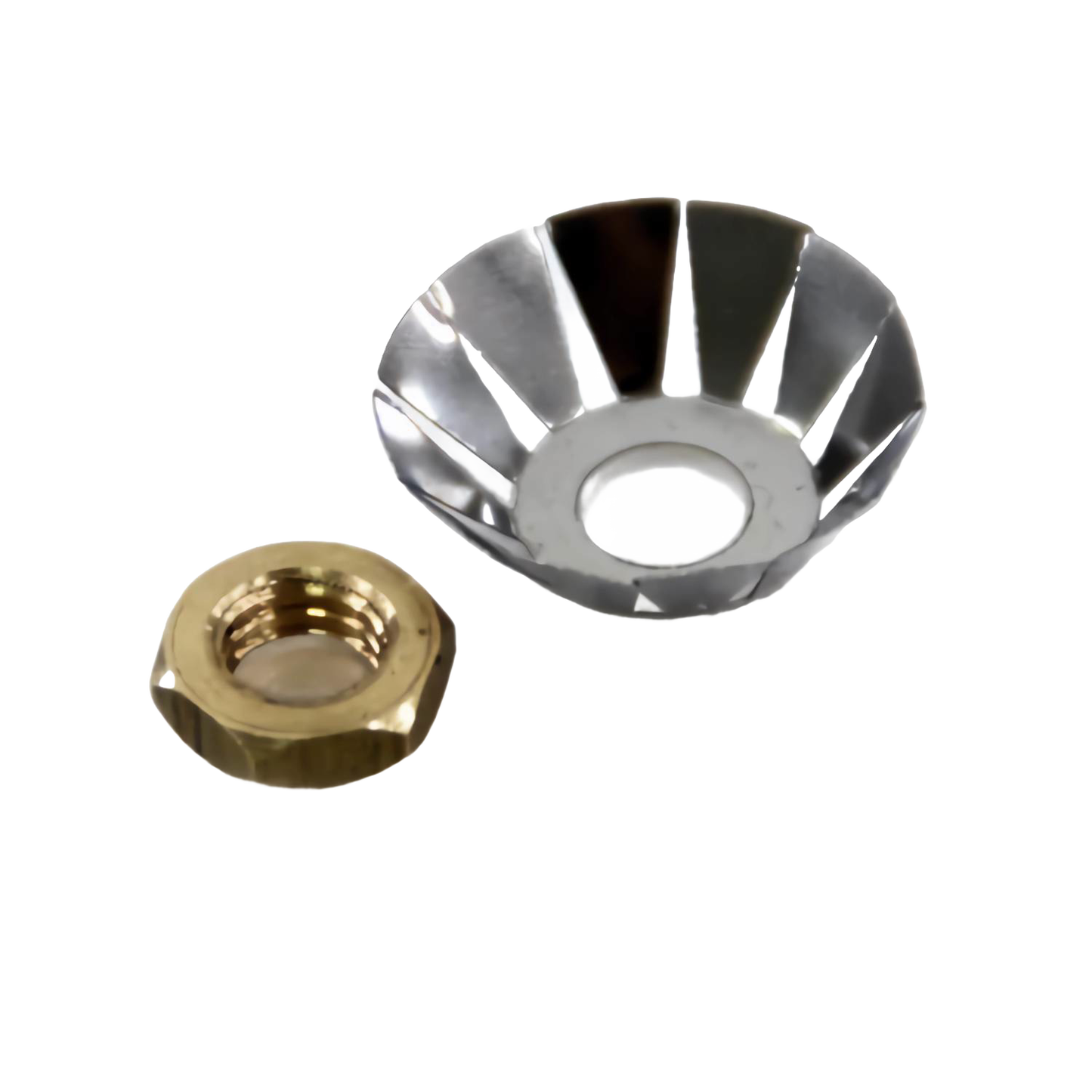 Steel washer holder with cutout segments and accompanying brass nut designed to secure leather washers in pressure lamps, part of lighting and accessory collections.