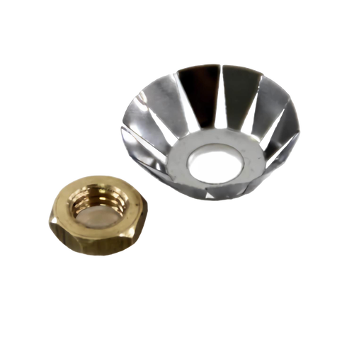 Steel washer holder with cutout segments and accompanying brass nut designed to secure leather washers in pressure lamps, part of lighting and accessory collections.