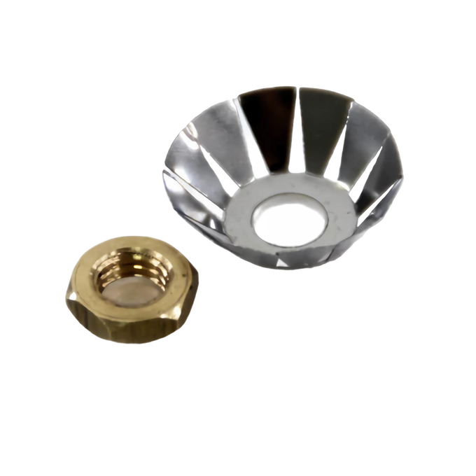 Steel washer holder with cutout segments and accompanying brass nut designed to secure leather washers in pressure lamps, part of lighting and accessory collections.
