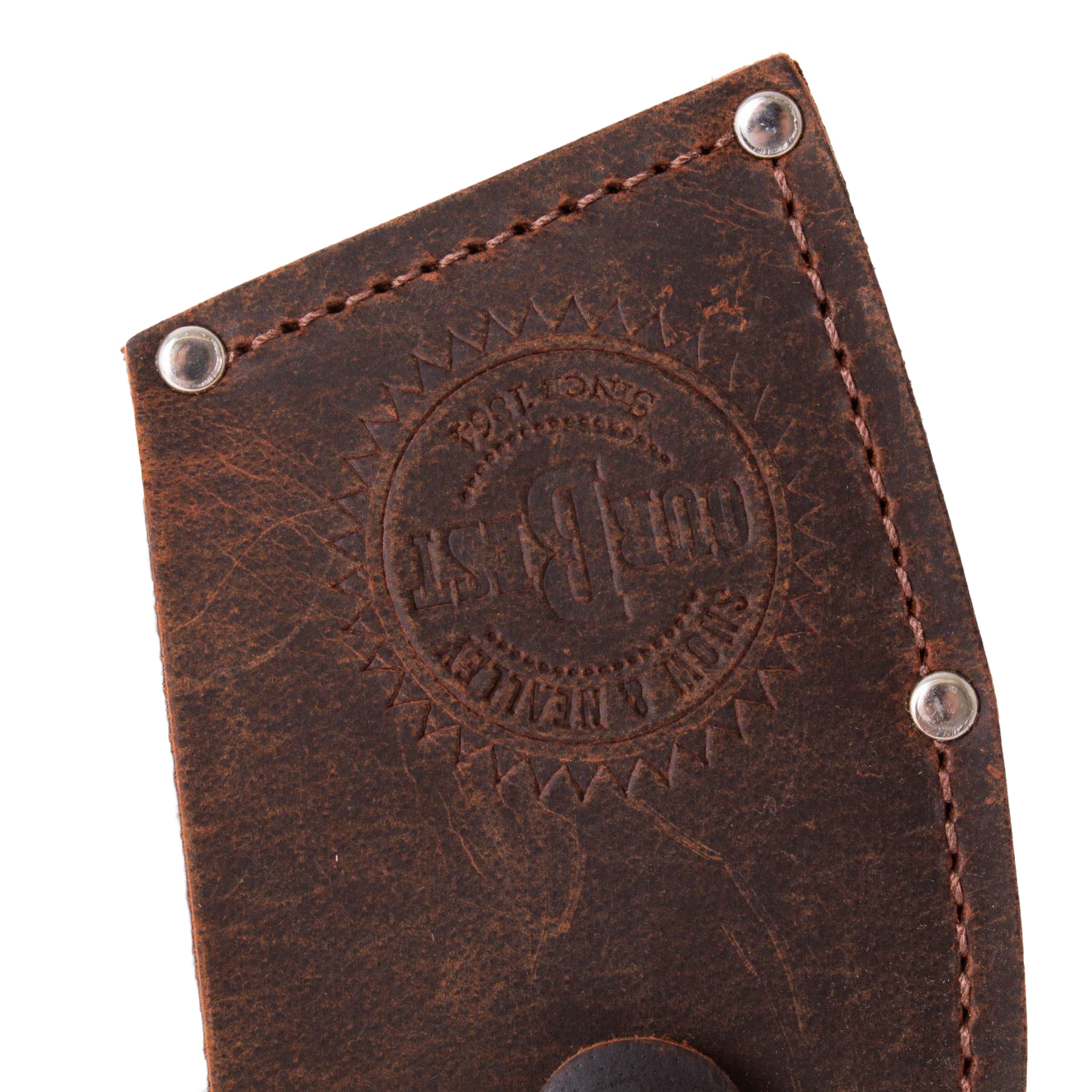 Hand-stitched leather sheath with embossed logo and metal rivets, crafted in the USA and Amish made, designed for protecting a woodcutting axe blade.