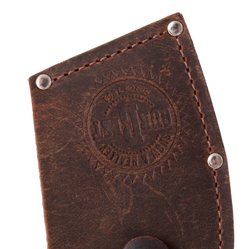 Hand-stitched leather sheath with embossed logo and metal rivets, crafted in the USA and Amish made, designed for protecting a woodcutting axe blade.