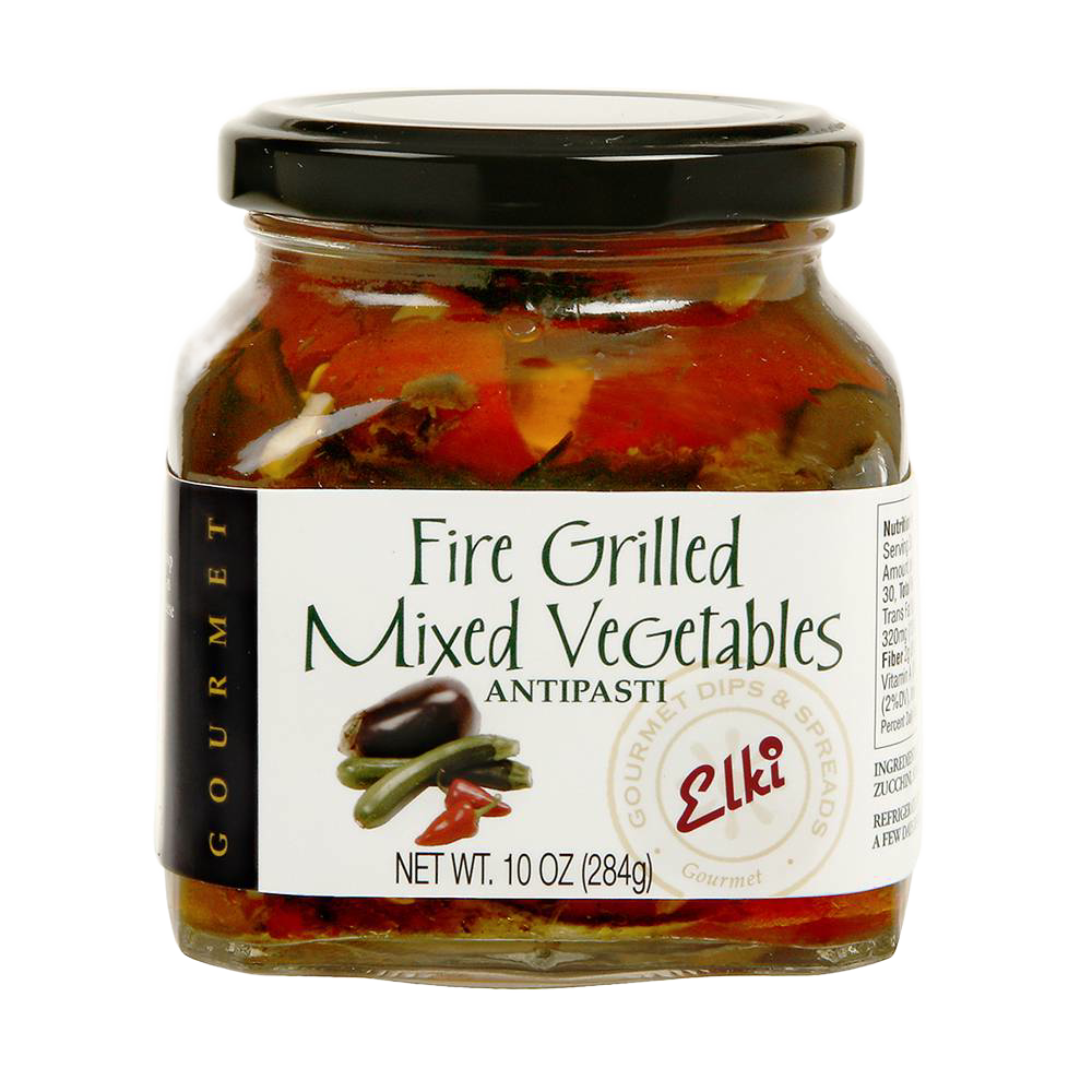 Jar of artisanal fire-grilled mixed vegetables antipasti with vibrant colors, perfect for gourmet kitchen and food pantry collections, handcrafted for rich flavor.