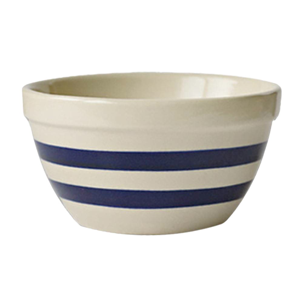 Handcrafted USA-made stoneware shoulder bowl with classic blue stripes, sturdy and versatile for mixing, baking, serving, and part of Kitchen & Food, Cookware, and Baking Supplies collections.