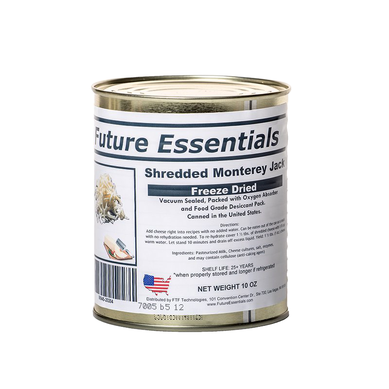 Metal can of freeze-dried shredded Monterey Jack cheese with a sealed label highlighting long shelf life, made in the USA, featured in Kitchen & Food, Emergency Supplies, and Pantry collections.