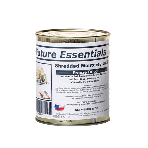 Metal can of freeze-dried shredded Monterey Jack cheese with a sealed label highlighting long shelf life, made in the USA, featured in Kitchen & Food, Emergency Supplies, and Pantry collections.