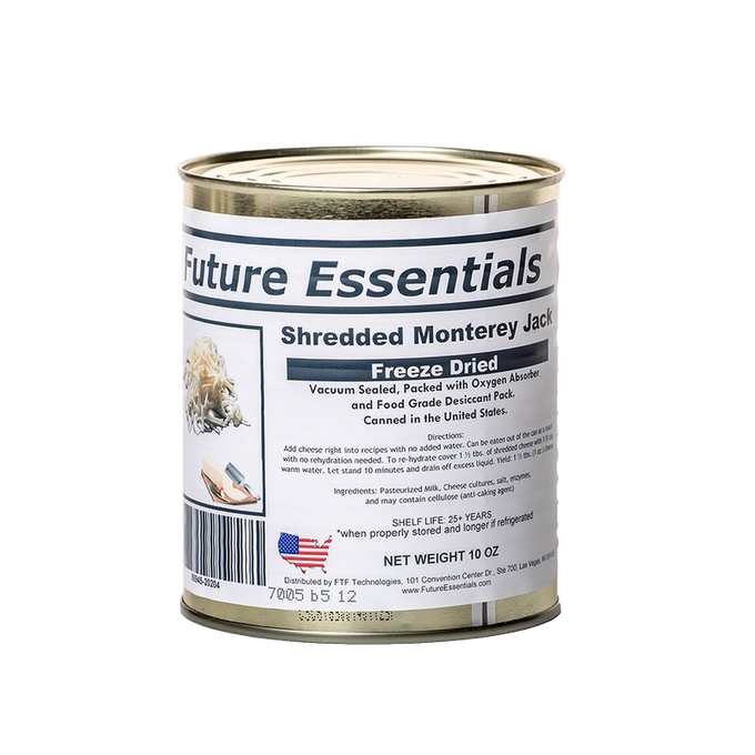 Metal can of freeze-dried shredded Monterey Jack cheese with a sealed label highlighting long shelf life, made in the USA, featured in Kitchen & Food, Emergency Supplies, and Pantry collections.
