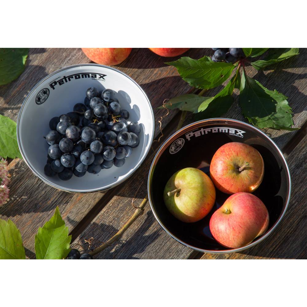 Pair of sturdy enamel bowls in black and white with Petromax branding, filled with fresh apples and dark grapes, perfect for outdoor use in Farm, Garden & Tool, Kitchen & Food, Camping, Dinnerware, Best Sellers, and Promo Eligible collections.