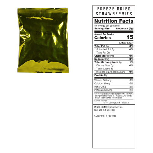 Shiny gold foil pouch of freeze-dried strawberries alongside a nutrition facts label, suitable for pantry, emergency supplies, kitchen food storage, and USA made best sellers collections.
