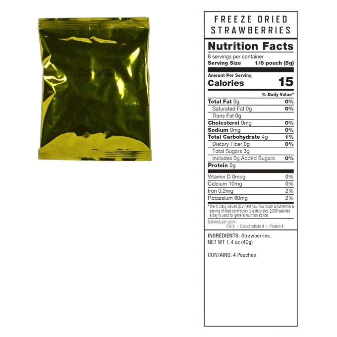 Shiny gold foil pouch of freeze-dried strawberries alongside a nutrition facts label, suitable for pantry, emergency supplies, kitchen food storage, and USA made best sellers collections.