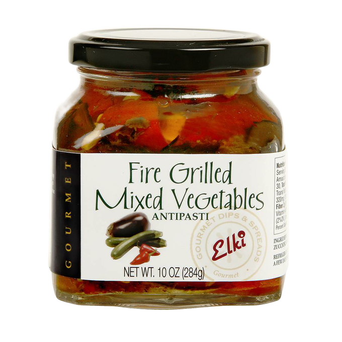 Glass jar of handcrafted fire-grilled mixed vegetables antipasti with vibrant red peppers and zucchini, perfect for Kitchen & Food, Food, Pantry, Best Sellers, and Promo Eligible collections.