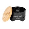 Compact black tabletop charcoal grill with a wooden lid engraved with a logo, designed for small outdoor cooking and grilling, featured in Farm, Garden & Tool and Camping collections.