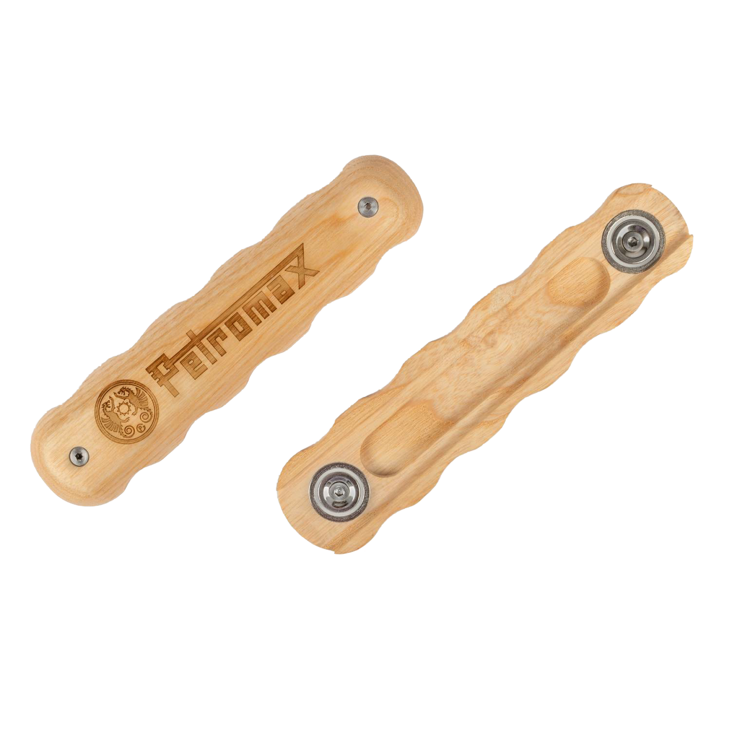 Pair of light wooden handles with ergonomic grooves and metal attachments, engraved with a logo, designed for easy mounting on wrought iron pans, ideal for kitchen, camping, and cookware collections.
