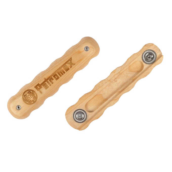 Pair of light wooden handles with ergonomic grooves and metal attachments, engraved with a logo, designed for easy mounting on wrought iron pans, ideal for kitchen, camping, and cookware collections.