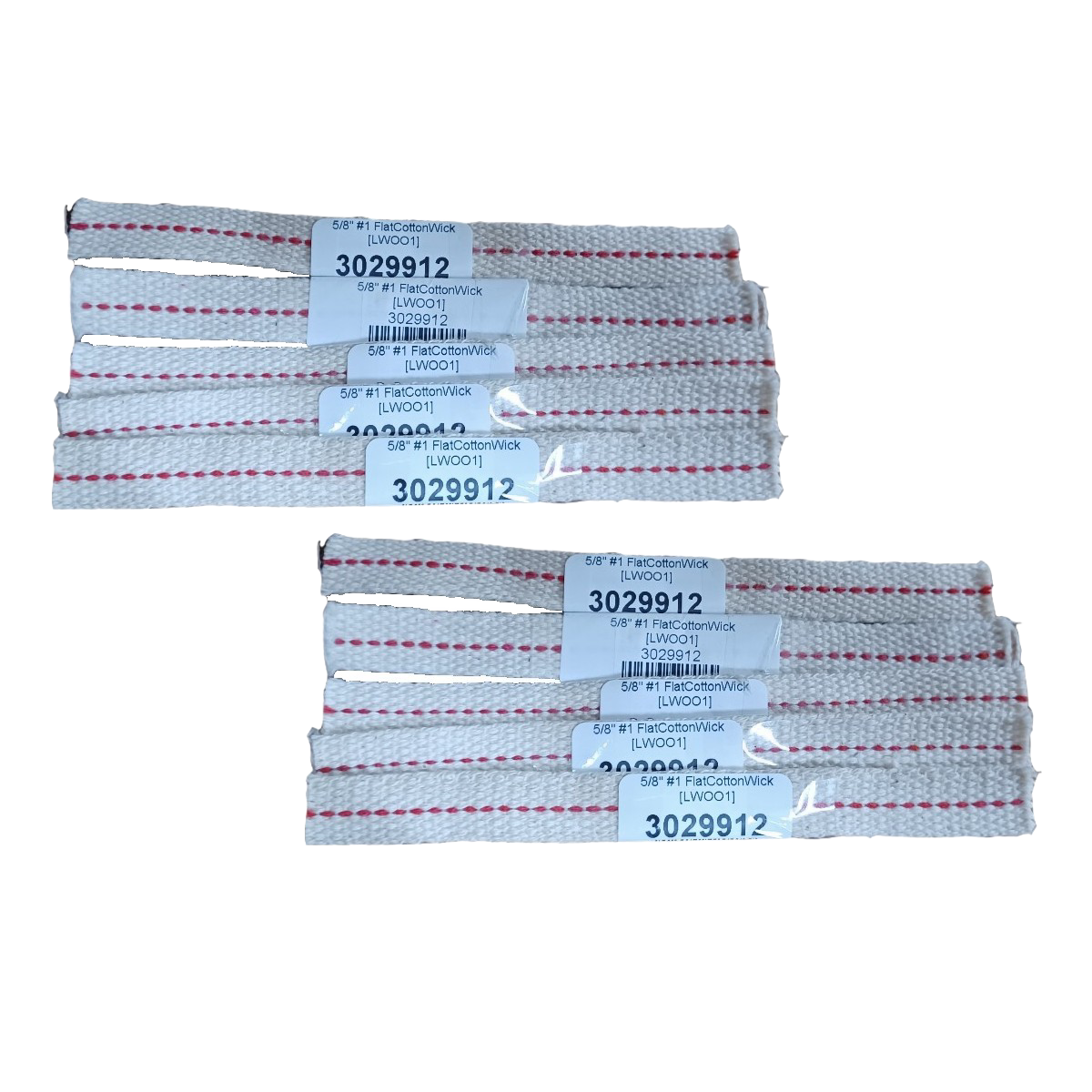 Handcrafted flat cotton wicks with red center stitching, designed for reliable fuel flow and clean burning, ideal for lamps, emergency supplies, and garden lighting collections.