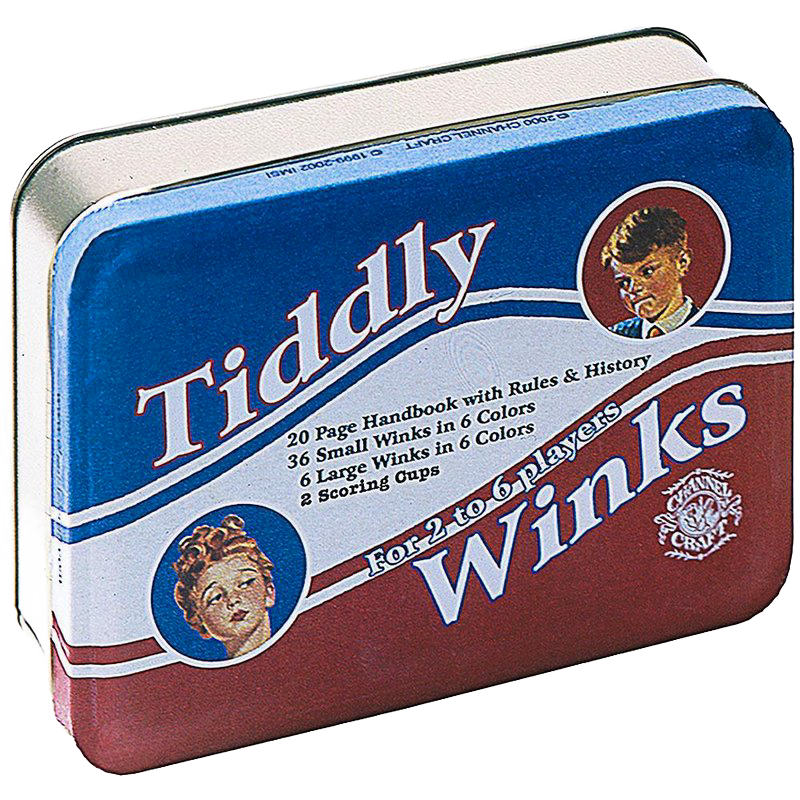 Rectangular metal tin box of the handcrafted classic Tiddly Winks game with vintage-style artwork, including a 20-page handbook and sets of small and large winks, made in USA, featured in Toys, Books & Games, USA Made, Children's Toys, Games and Puzzles, Table and Board Games, Best Sellers, and Promo Eligible collections.