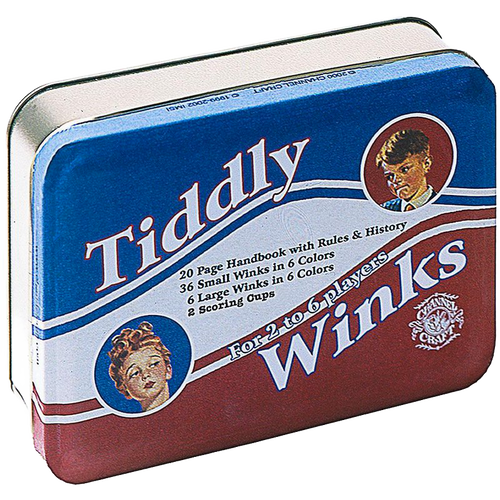 Rectangular metal tin box of the handcrafted classic Tiddly Winks game with vintage-style artwork, including a 20-page handbook and sets of small and large winks, made in USA, featured in Toys, Books & Games, USA Made, Children's Toys, Games and Puzzles, Table and Board Games, Best Sellers, and Promo Eligible collections.