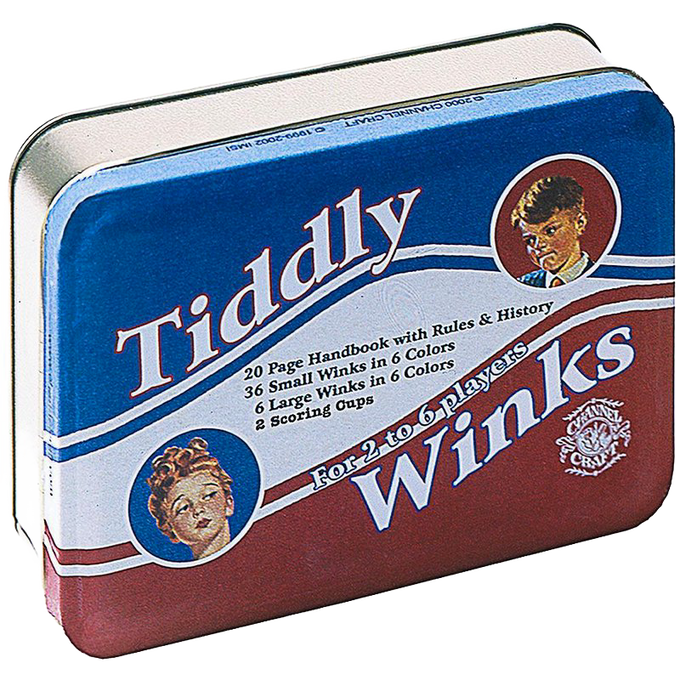 Rectangular metal tin box of the handcrafted classic Tiddly Winks game with vintage-style artwork, including a 20-page handbook and sets of small and large winks, made in USA, featured in Toys, Books & Games, USA Made, Children's Toys, Games and Puzzles, Table and Board Games, Best Sellers, and Promo Eligible collections.