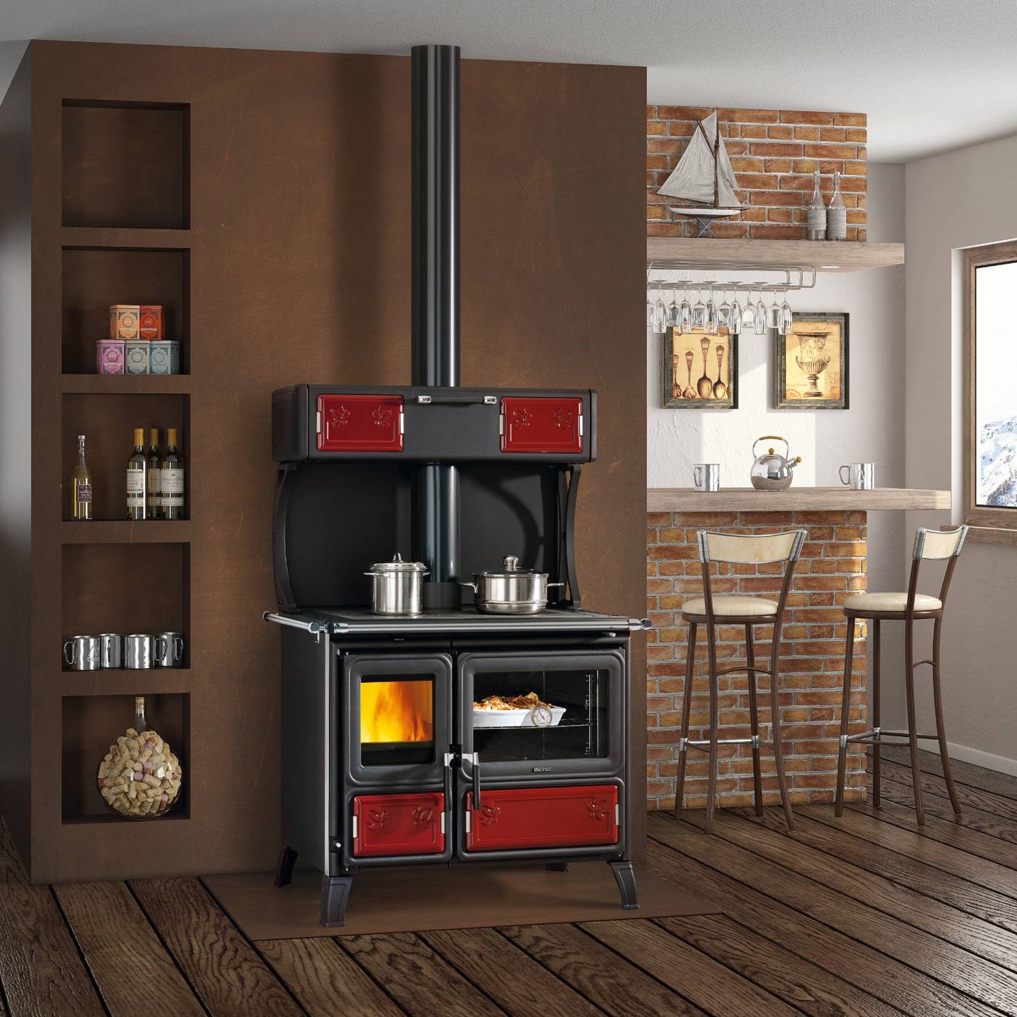Handcrafted wood-burning cook stove with cast iron fire door and vibrant red enamel panels, featuring optional top food warmer, legs for easy cleaning, and external air intake, ideal for Stoves, Cookstoves, Best Sellers, and All Stoves & Appliances collections.