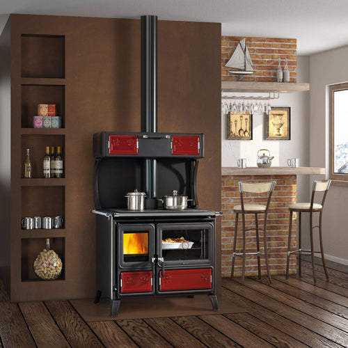 Handcrafted wood-burning cook stove with cast iron fire door and vibrant red enamel panels, featuring optional top food warmer, legs for easy cleaning, and external air intake, ideal for Stoves, Cookstoves, Best Sellers, and All Stoves & Appliances collections.