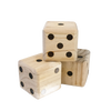 Three handcrafted wooden dice with black dots stacked together, made from durable kiln-dried wood, perfect for outdoor play in Toys, Books & Games and Lawn Games collections.