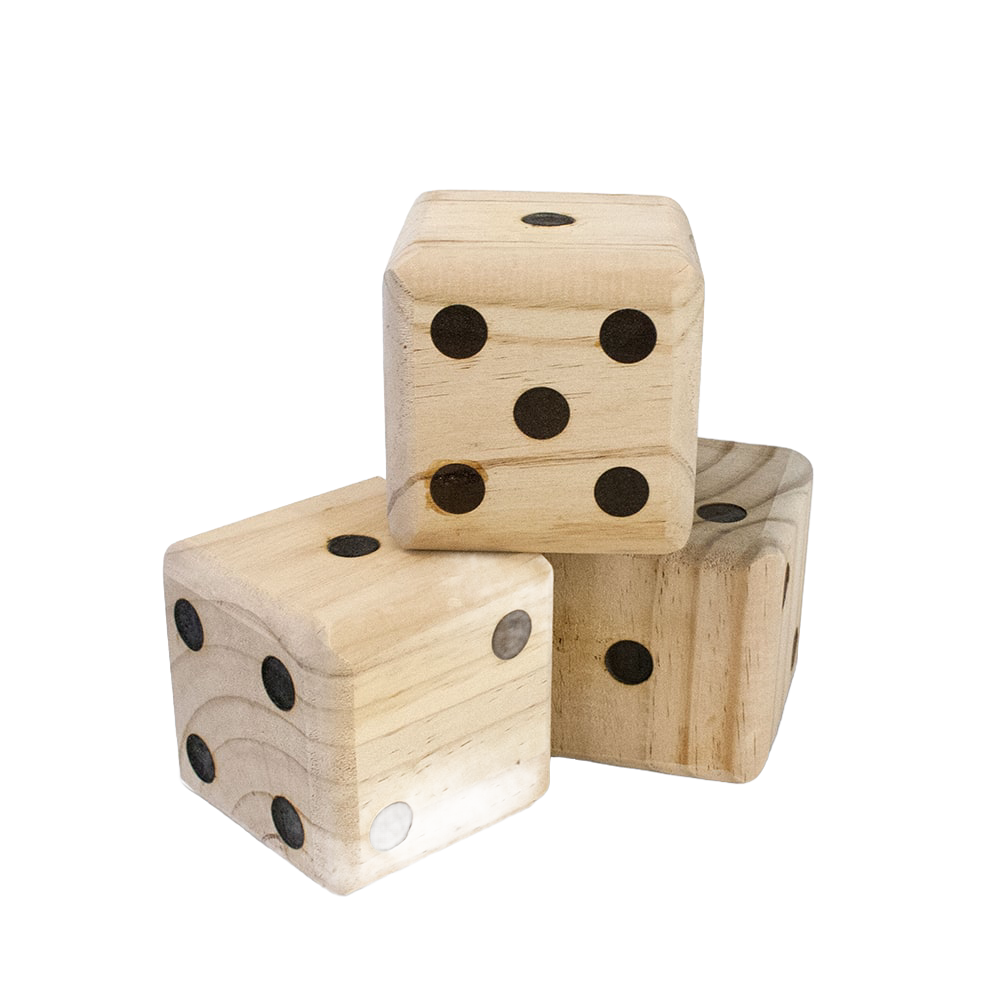 Three handcrafted wooden dice with black dots stacked together, made from durable kiln-dried wood, perfect for outdoor play in Toys, Books & Games and Lawn Games collections.