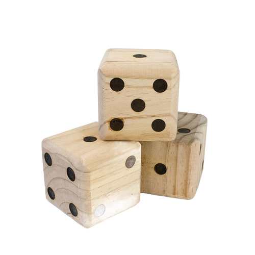 Three handcrafted wooden dice with black dots stacked together, made from durable kiln-dried wood, perfect for outdoor play in Toys, Books & Games and Lawn Games collections.