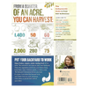 Infographic detailing food quantities that can be harvested from a quarter acre, including fruits, vegetables, eggs, and grains, with gardening tips and author information from a popular home and garden how-to book collection.