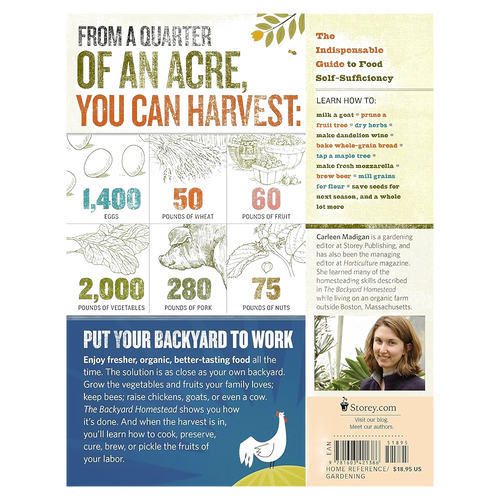Infographic detailing food quantities that can be harvested from a quarter acre, including fruits, vegetables, eggs, and grains, with gardening tips and author information from a popular home and garden how-to book collection.