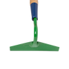 Green steel blade of a handcrafted garden hoe with a sharp edge and wooden handle, designed for weeding and soil cultivation in farm and garden settings.