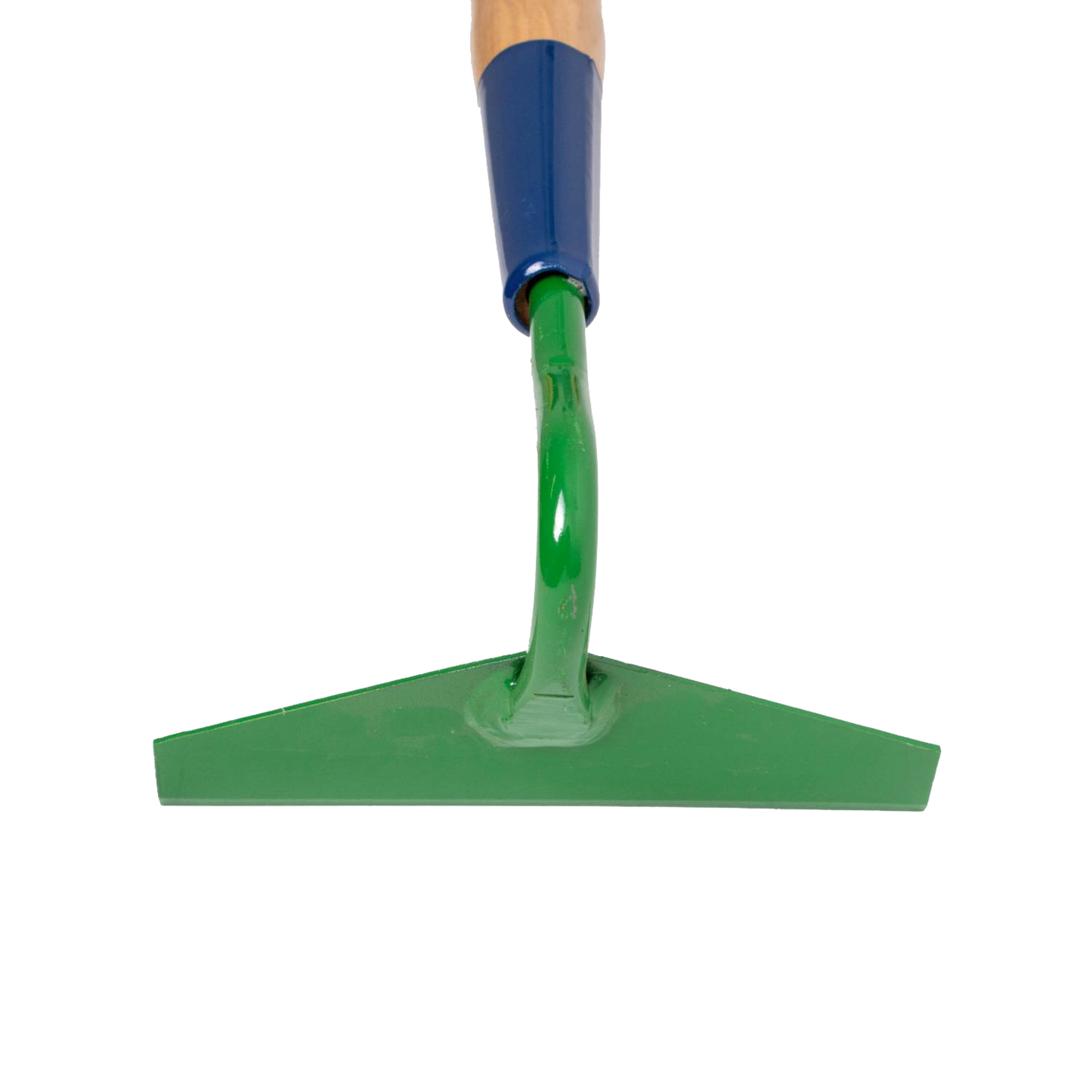 Green steel blade of a handcrafted garden hoe with a sharp edge and wooden handle, designed for weeding and soil cultivation in farm and garden settings.