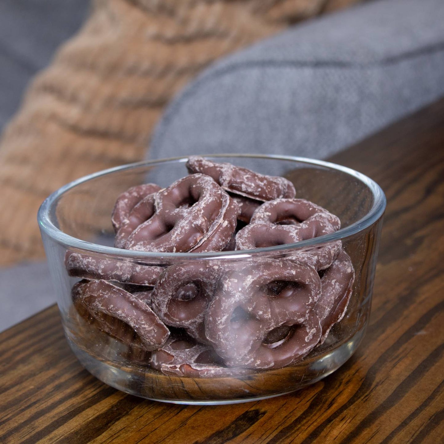 Clear glass bowl filled with handcrafted Amish-made chocolate covered pretzels in milk chocolate, a USA made snack ideal for Kitchen & Food, Snacks and Sweets, Candy, Best Sellers, and Promo Eligible collections.