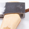 Close-up of a handcrafted carbon steel axe head with a smooth Amish-made hickory handle, designed for reliable wood cutting, featured in Farm, Garden & Tool and USA Made collections.