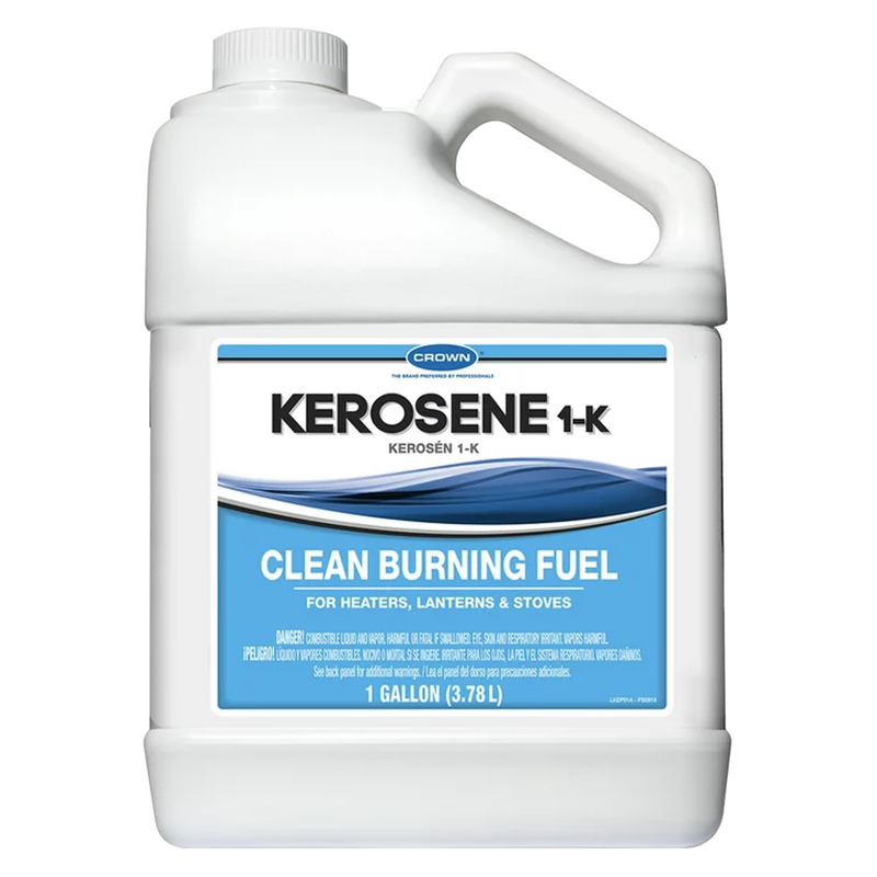 One-gallon white plastic container of Crown 1-K kerosene, a clean burning fuel made in USA, ideal for heaters, lanterns, stoves, and included in farm, garden, emergency, and lamp fuel supplies.