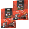 Two sealed bags of spicy hot beef jerky featuring red and black packaging with clear windows showing dark jerky strips, highlighting a gluten-free, protein-rich snack made in USA for Kitchen & Food, Snacks and Sweets, Meats, and Best Sellers collections.