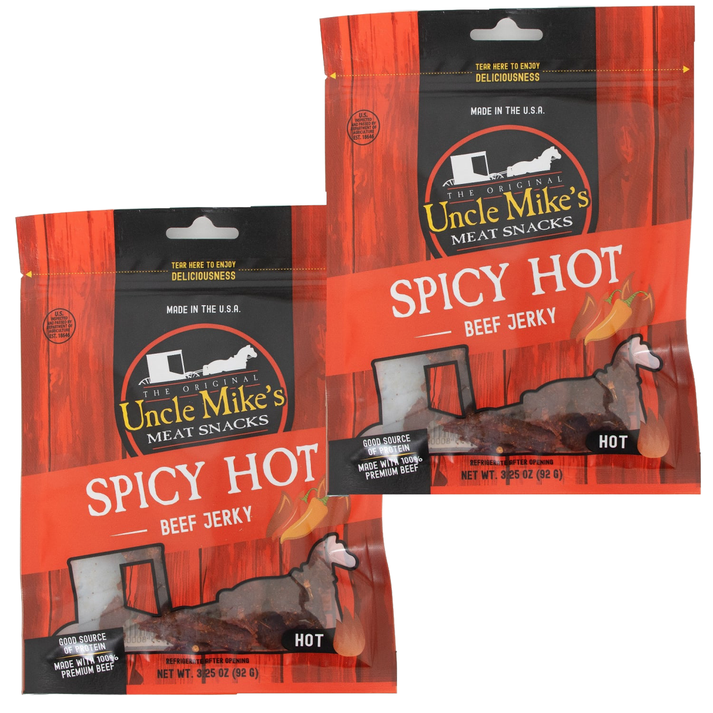 Two sealed bags of spicy hot beef jerky featuring red and black packaging with clear windows showing dark jerky strips, highlighting a gluten-free, protein-rich snack made in USA for Kitchen & Food, Snacks and Sweets, Meats, and Best Sellers collections.
