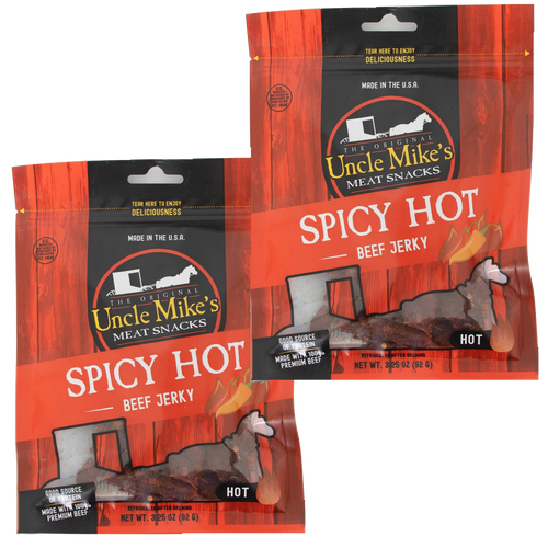 Two sealed bags of spicy hot beef jerky featuring red and black packaging with clear windows showing dark jerky strips, highlighting a gluten-free, protein-rich snack made in USA for Kitchen & Food, Snacks and Sweets, Meats, and Best Sellers collections.